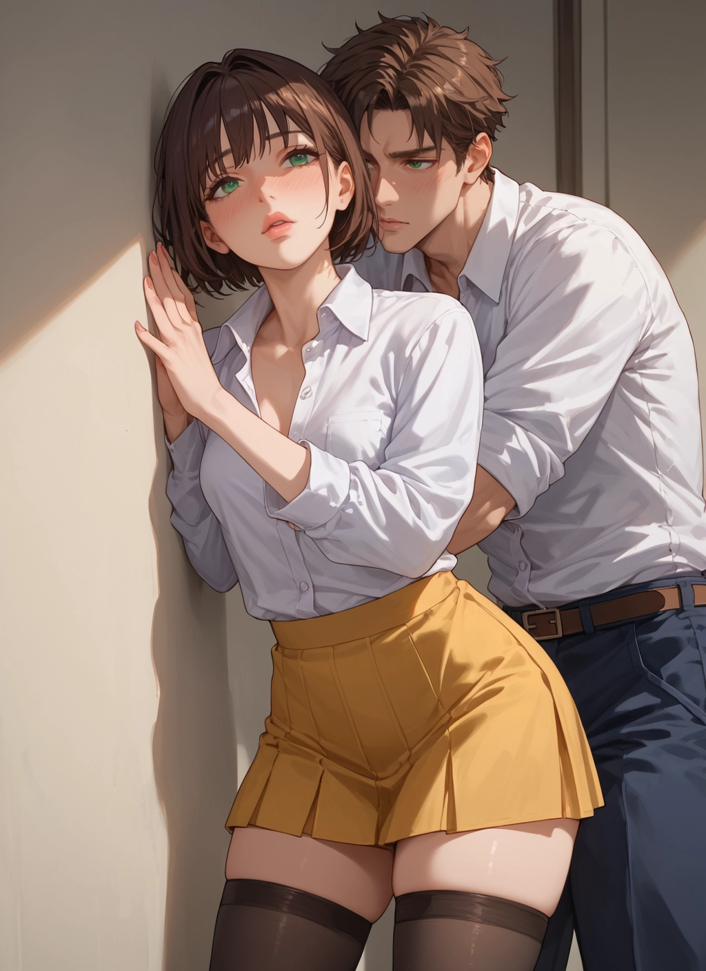 1girl, 1boy, skirt, brown hair, thighhighs, green eyes · Yamete.gg