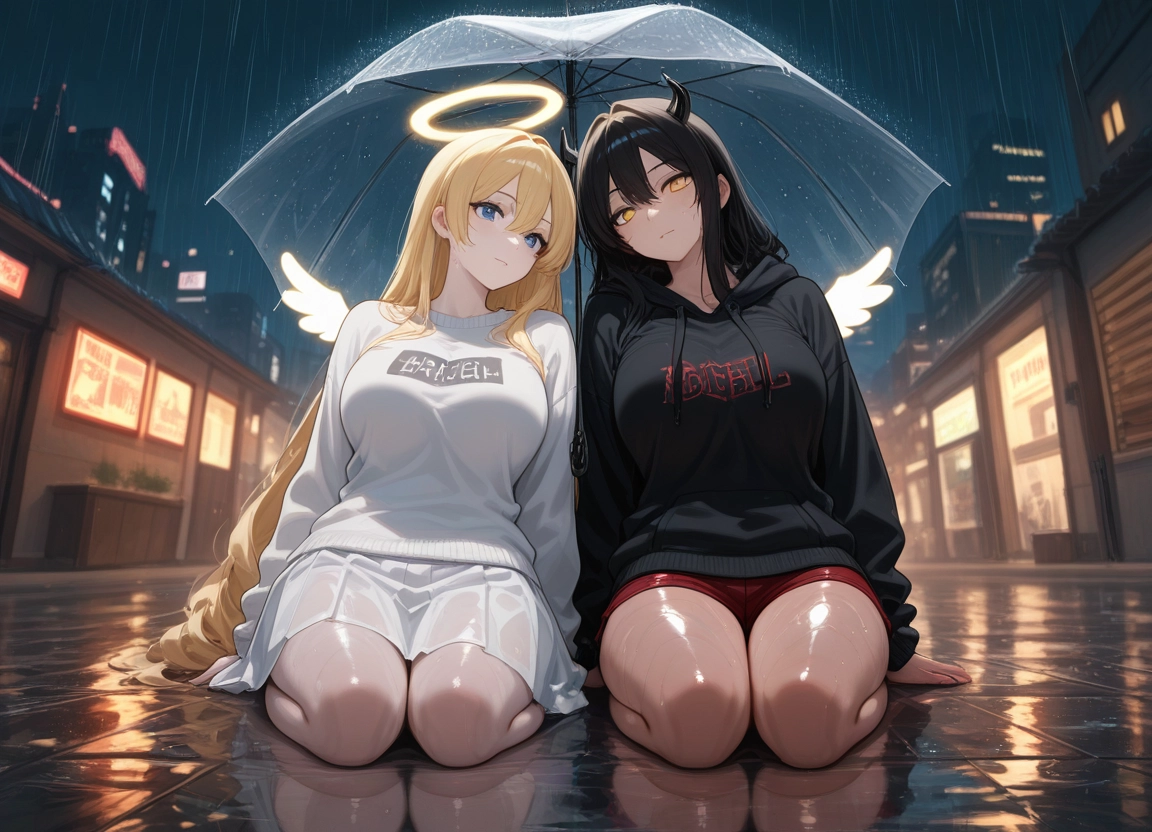 multiple girls, 2girls, blonde hair, umbrella, horns, rain · Yamete.gg