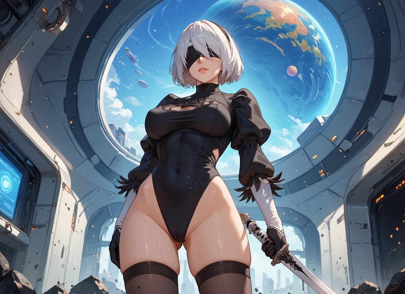 1girl, weapon, blindfold, thighhighs, sword, breasts · Yamete.gg