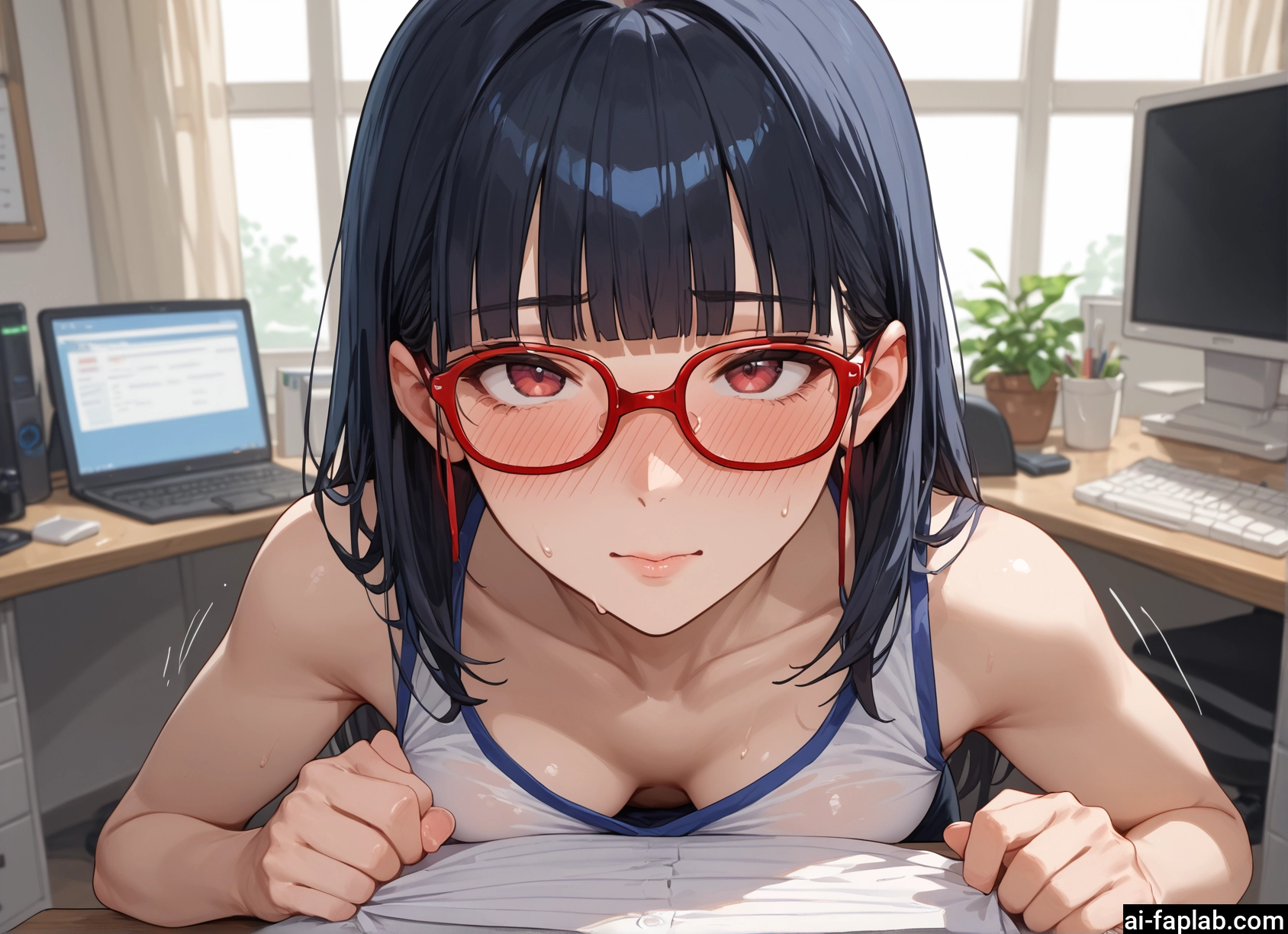 1girl, breasts, glasses, blush, looking at viewer, red-framed eyewear · Yamete.gg