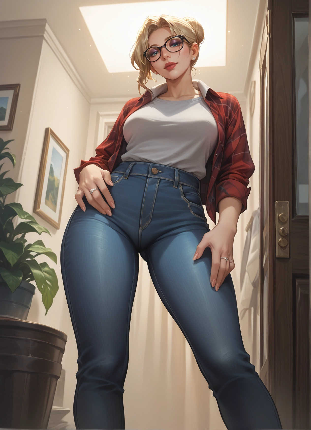 1girl, jewelry, pants, glasses, ring, blonde hair · Yamete.gg