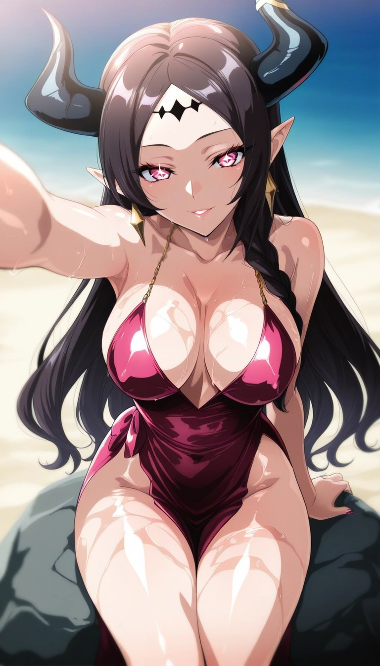 1girl, breasts, horns, solo, pointy ears, large breasts