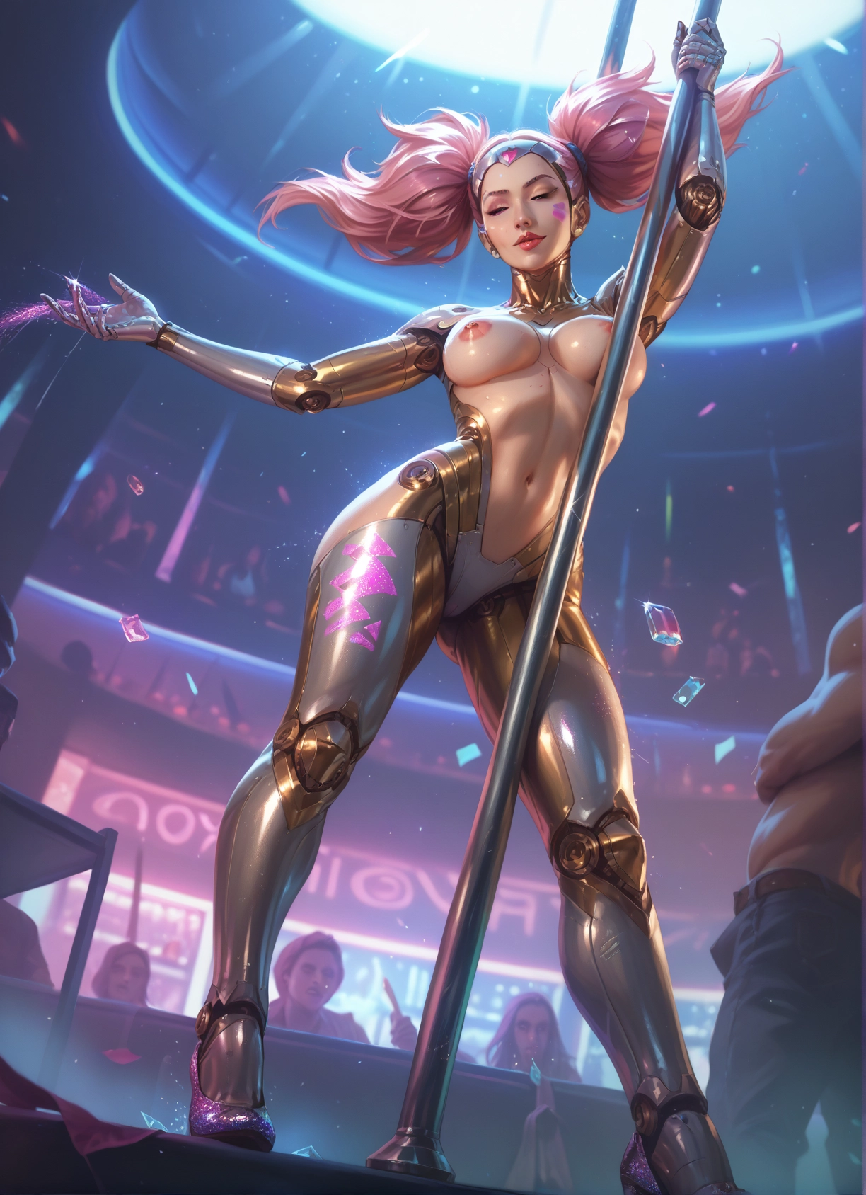 breasts, nipples, twintails, stripper pole, pole dancing, pink hair · Yamete.gg