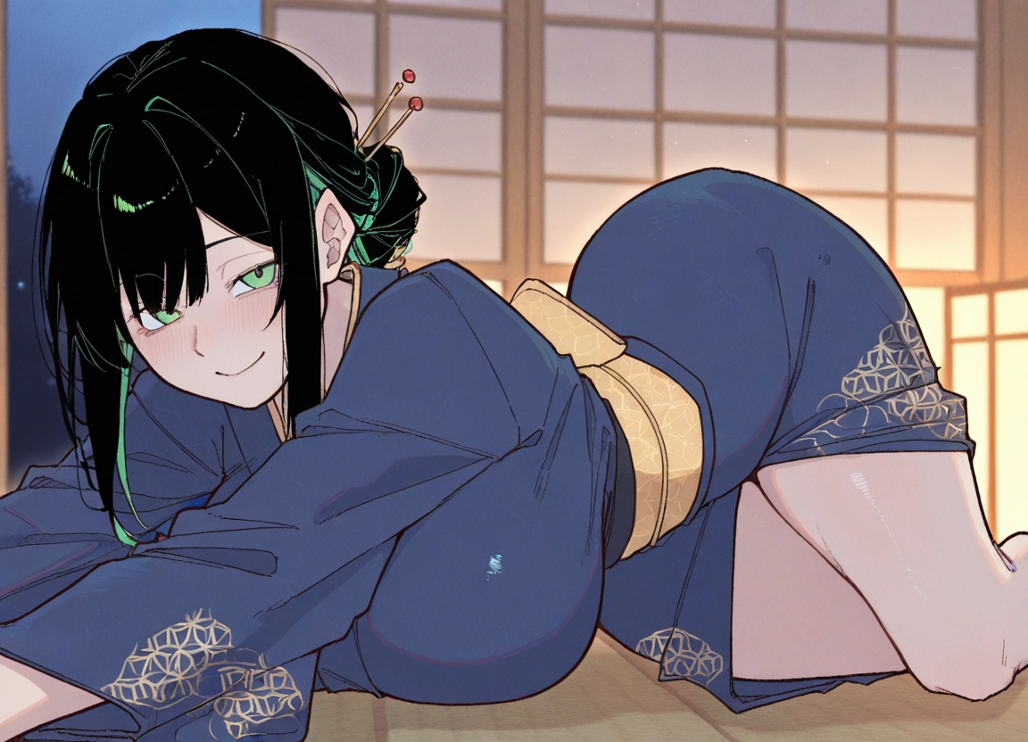 1girl, breasts, japanese clothes, kimono, black hair, green eyes · Yamete.gg