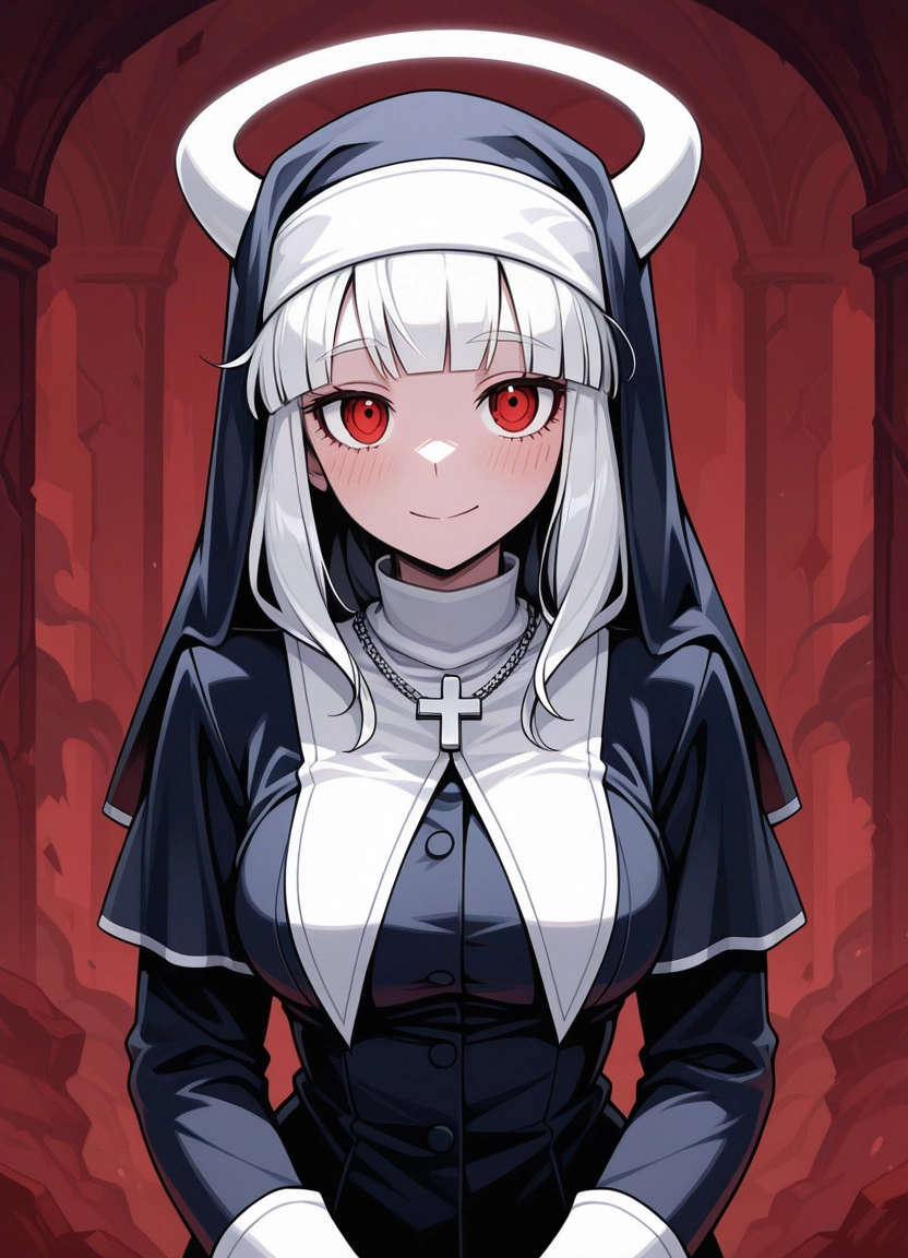 1girl, red eyes, solo, breasts, smile, white hair · Yamete.gg