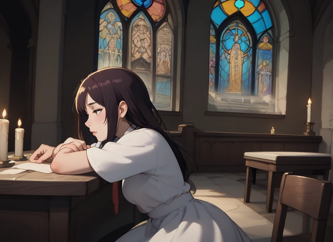 1girl, long hair, candle, dress, brown hair, solo · Yamete.gg