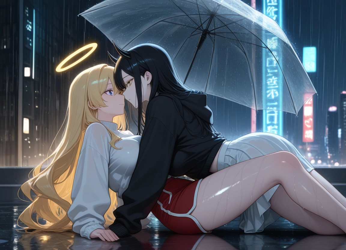 multiple girls, 2girls, umbrella, blonde hair, black hair, long hair · Yamete.gg