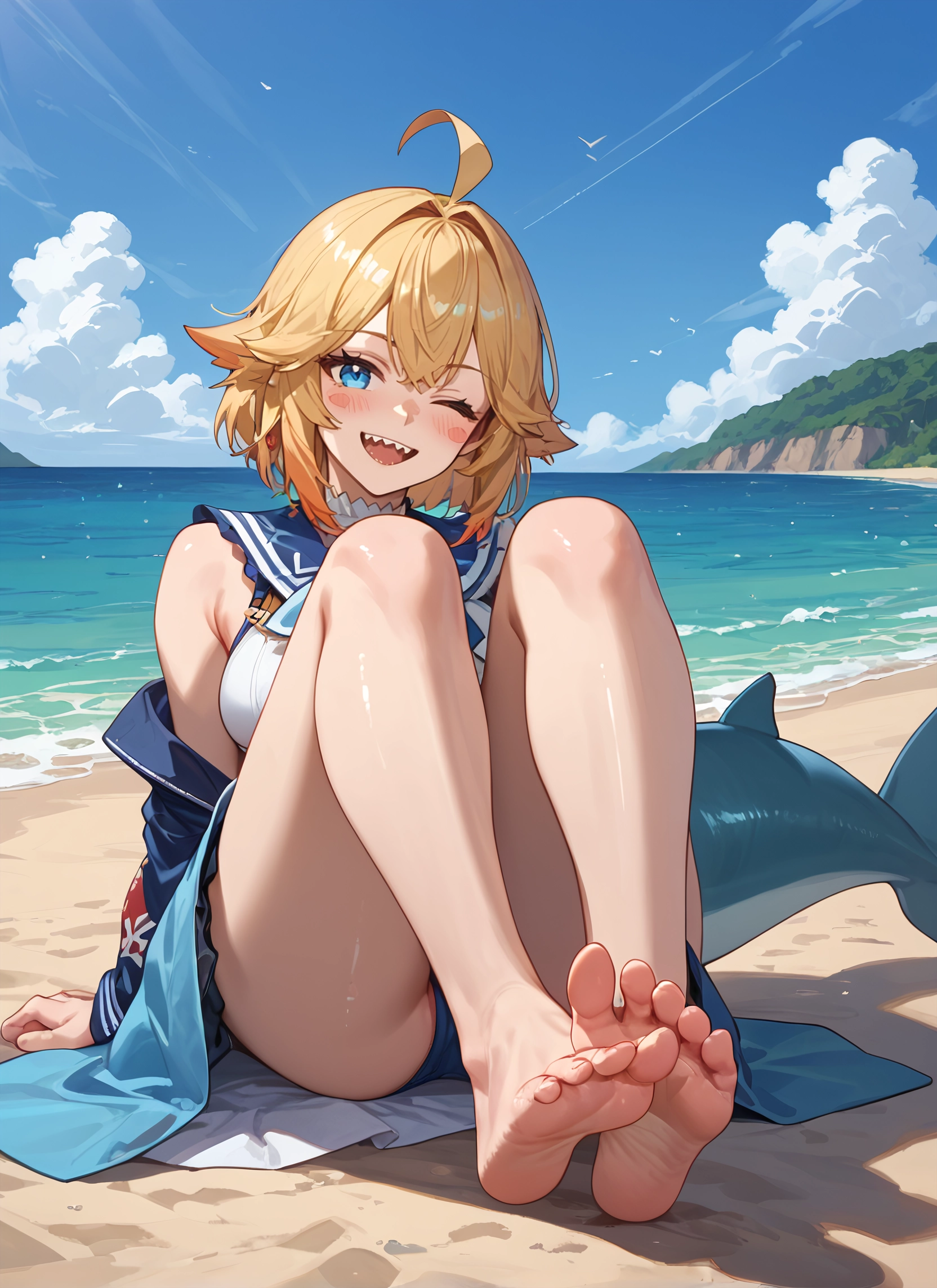 1girl, barefoot, feet, teeth, blue eyes, one eye closed · Yamete.gg
