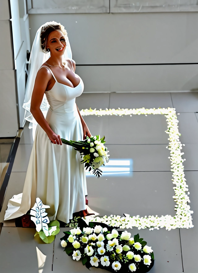 1girl, breasts, dress, flower, wedding dress, bouquet