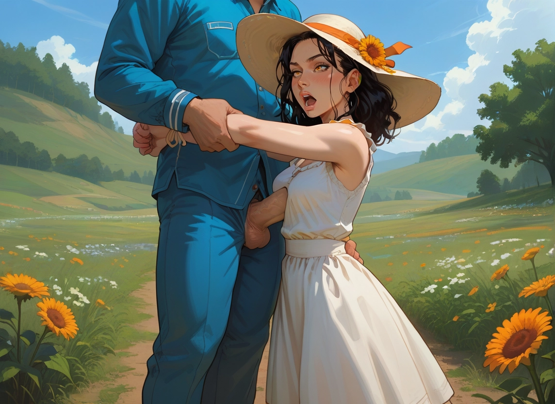 1girl, 1boy, outdoors, dress, hat, sun hat · Yamete.gg
