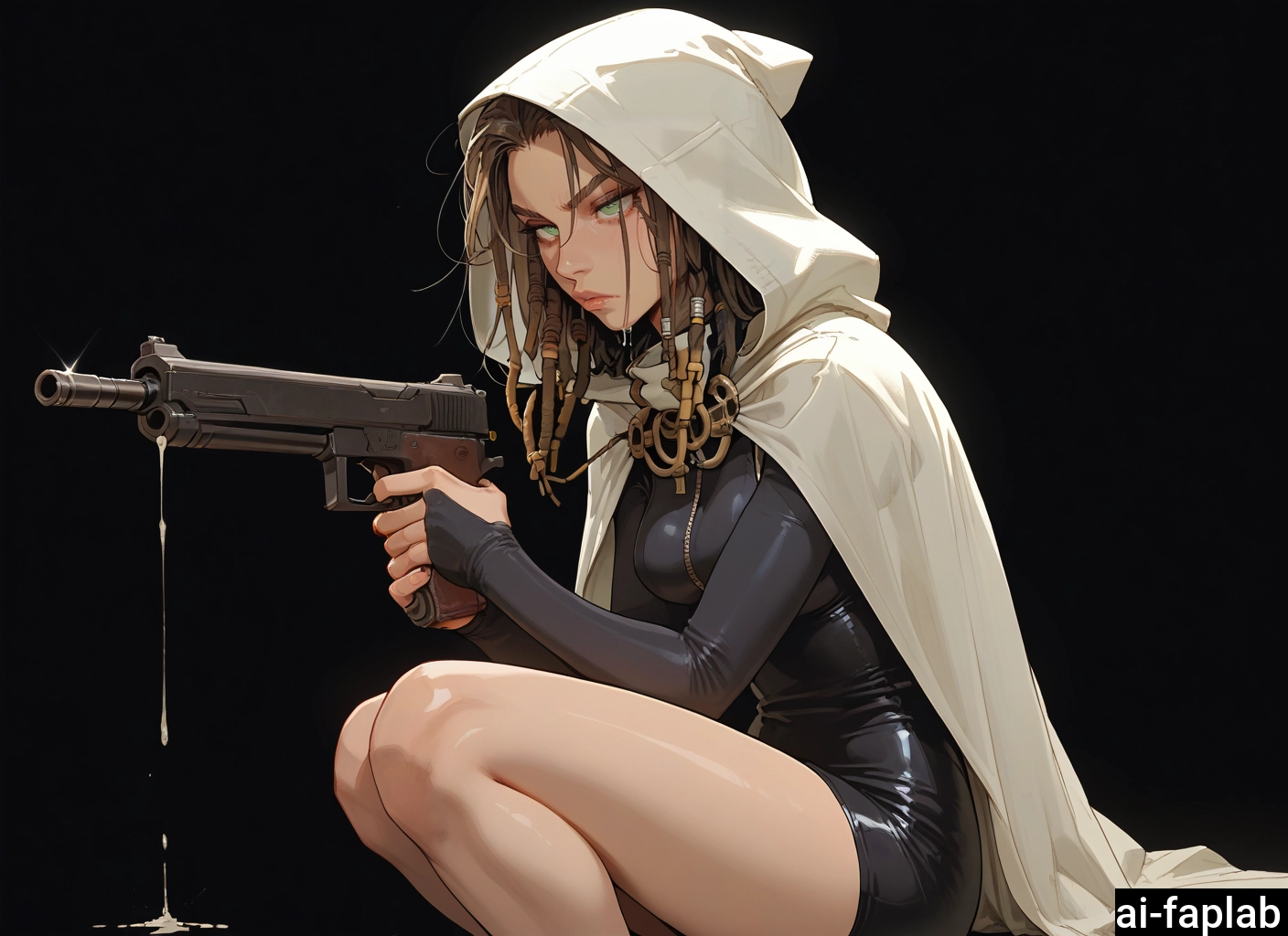 1girl, weapon, solo, gun, green eyes, hood · Yamete.gg