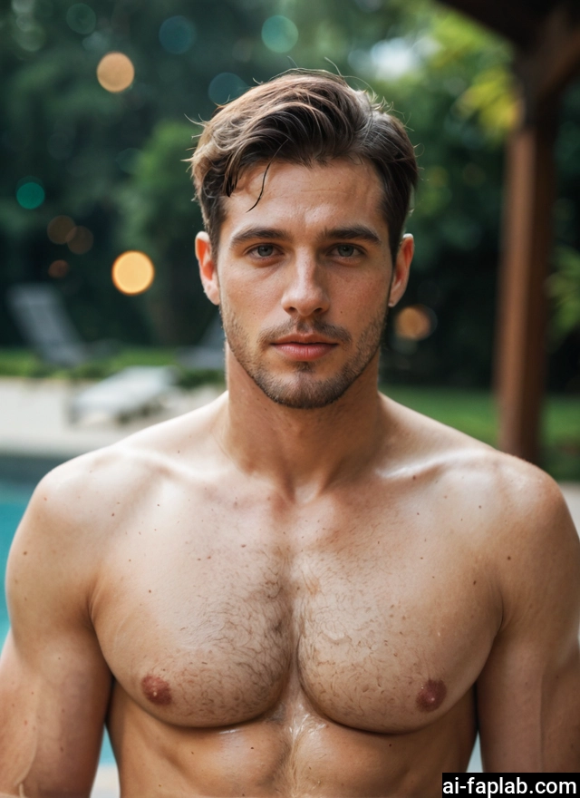 bara, 1boy, male focus, solo, facial hair, nipples