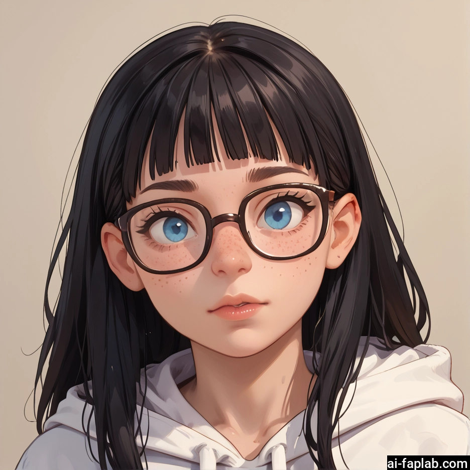 1girl, solo, glasses, blue eyes, freckles, hood