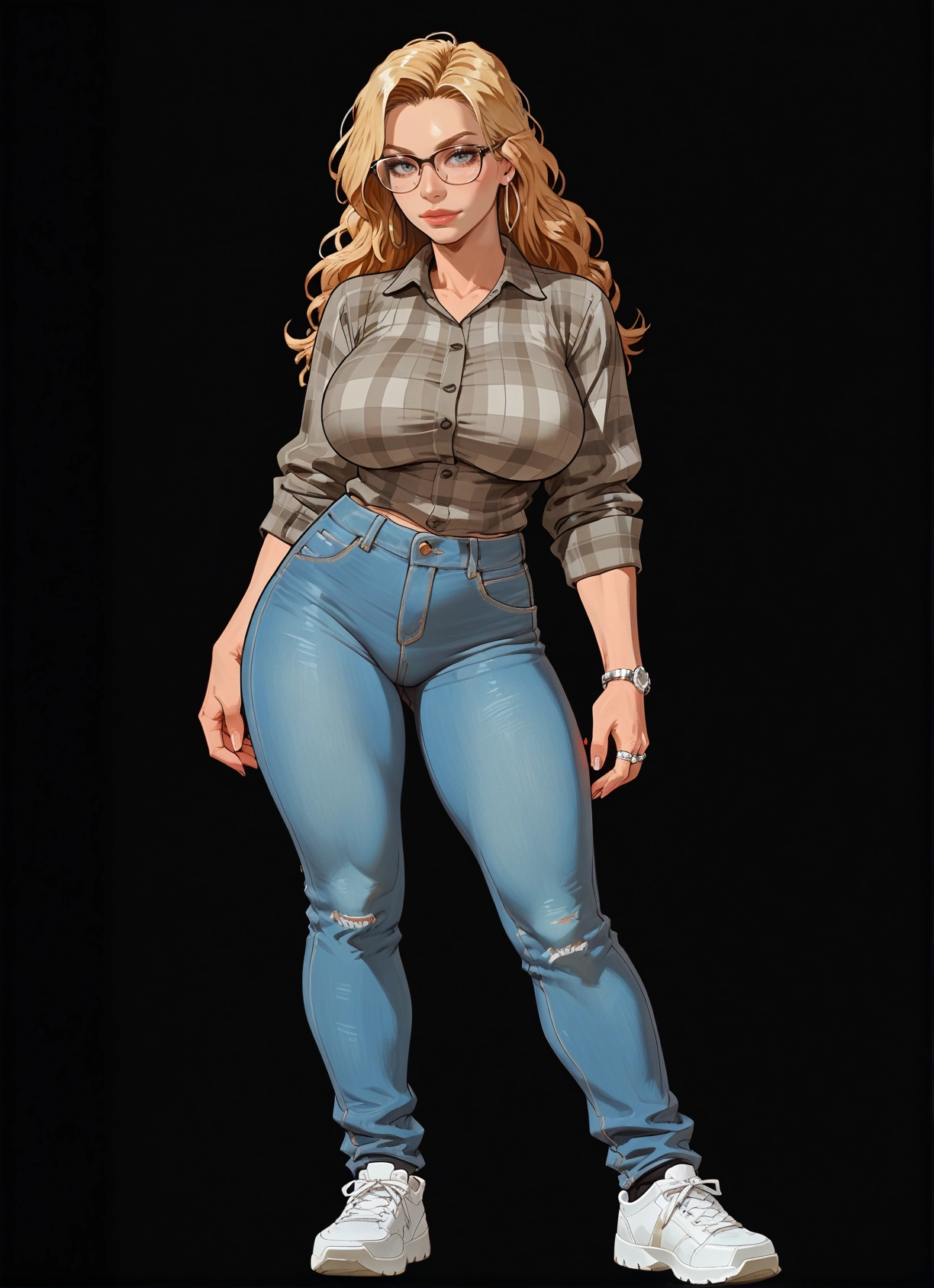1girl, blonde hair, breasts, pants, glasses, jewelry · Yamete.gg