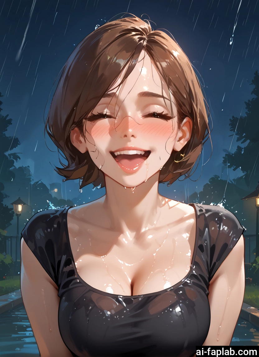 1girl, breasts, rain, short hair, closed eyes, wet