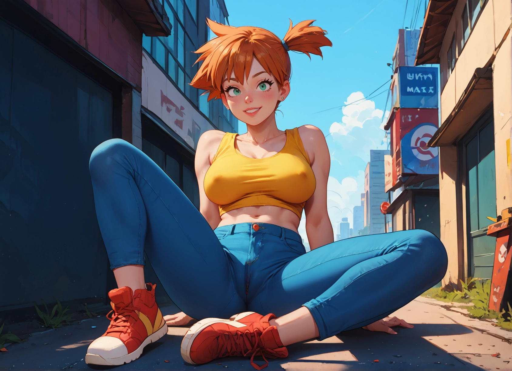 1girl, breasts, solo, pants, orange hair, shoes · Yamete.gg