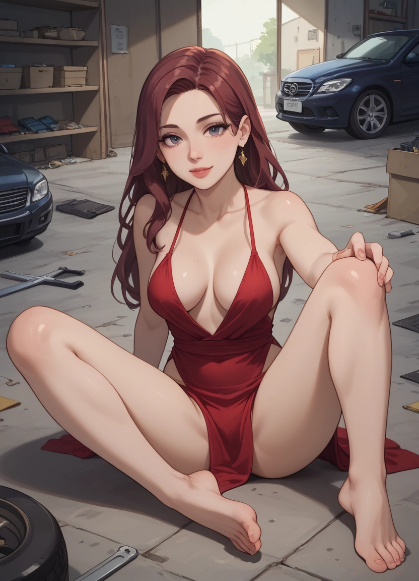 1girl, breasts, barefoot, dress, jewelry, ground vehicle · Yamete.gg