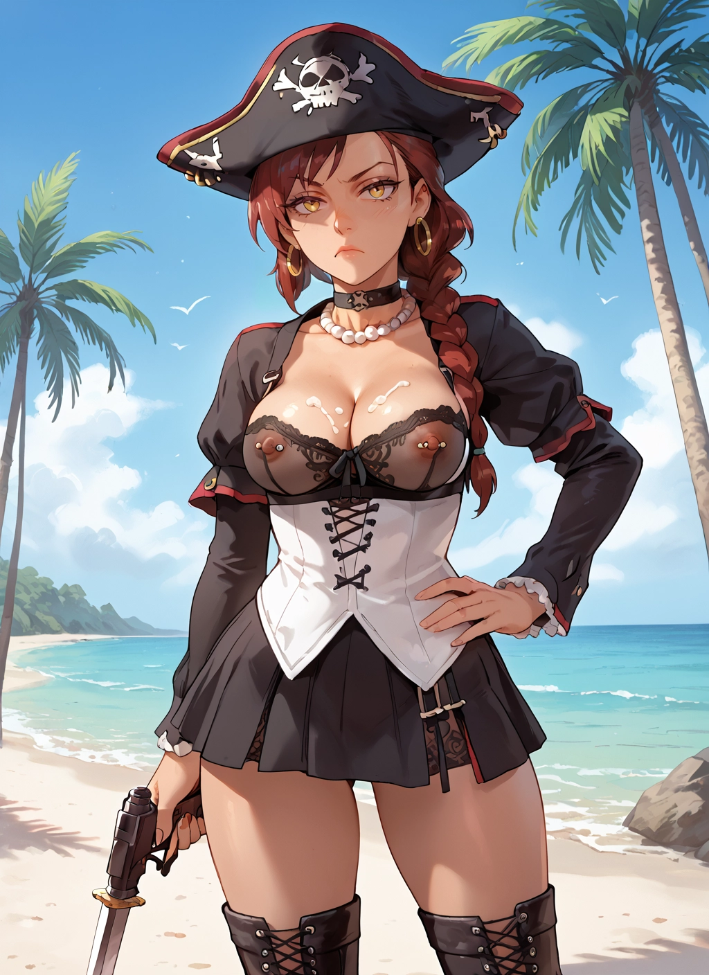 1girl, breasts, weapon, gun, hat, cum · Yamete.gg