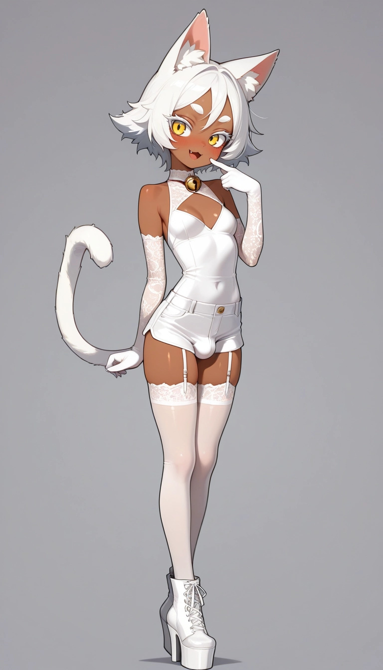 gloves, white hair, solo, bell, thighhighs, animal ears · Yamete.gg