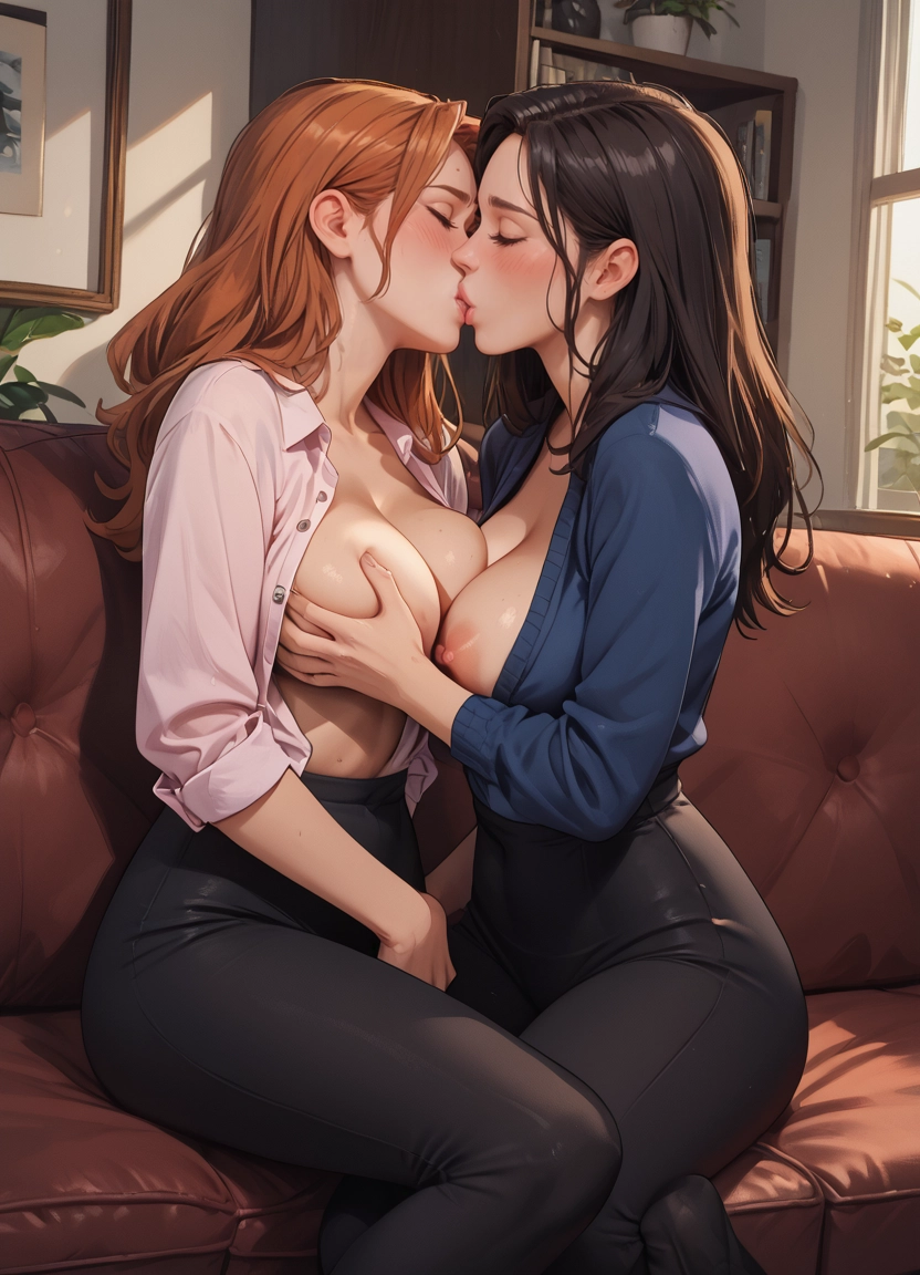 breasts, 2girls, multiple girls, nipples, open shirt, long hair · Yamete.gg