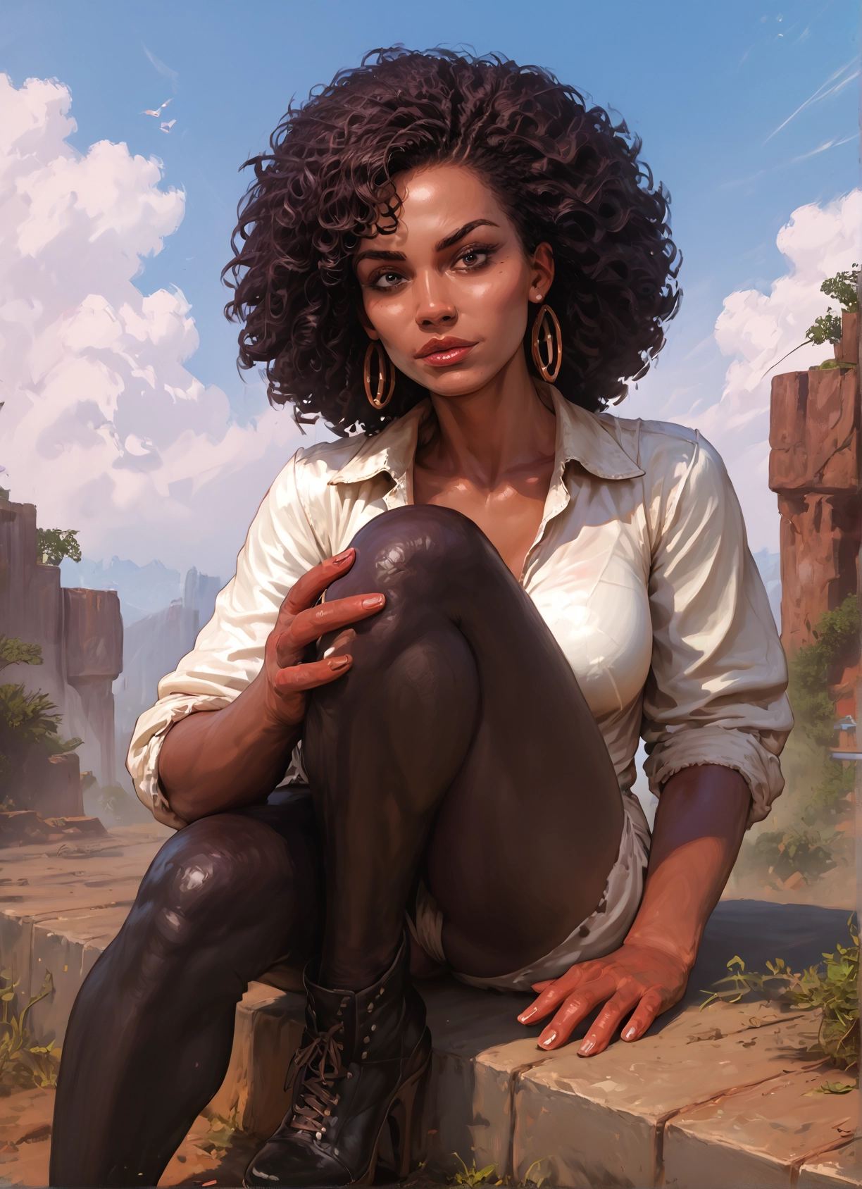 1girl, solo, jewelry, earrings, sitting, pantyhose · Yamete.gg