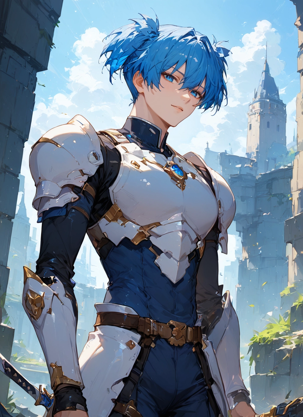 weapon, armor, blue eyes, sword, blue hair, solo · Yamete.gg