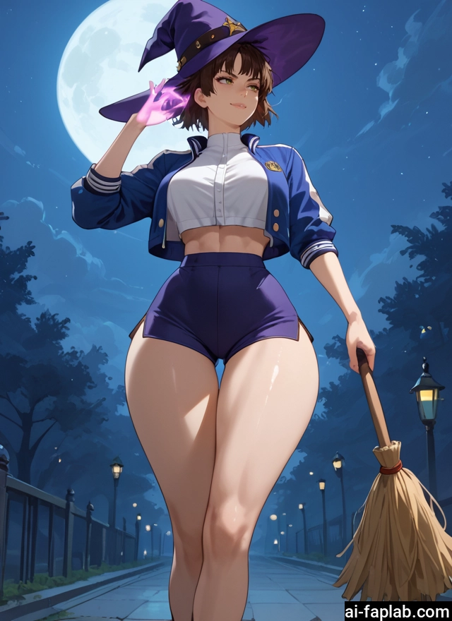1girl, hat, witch hat, broom, moon, shorts