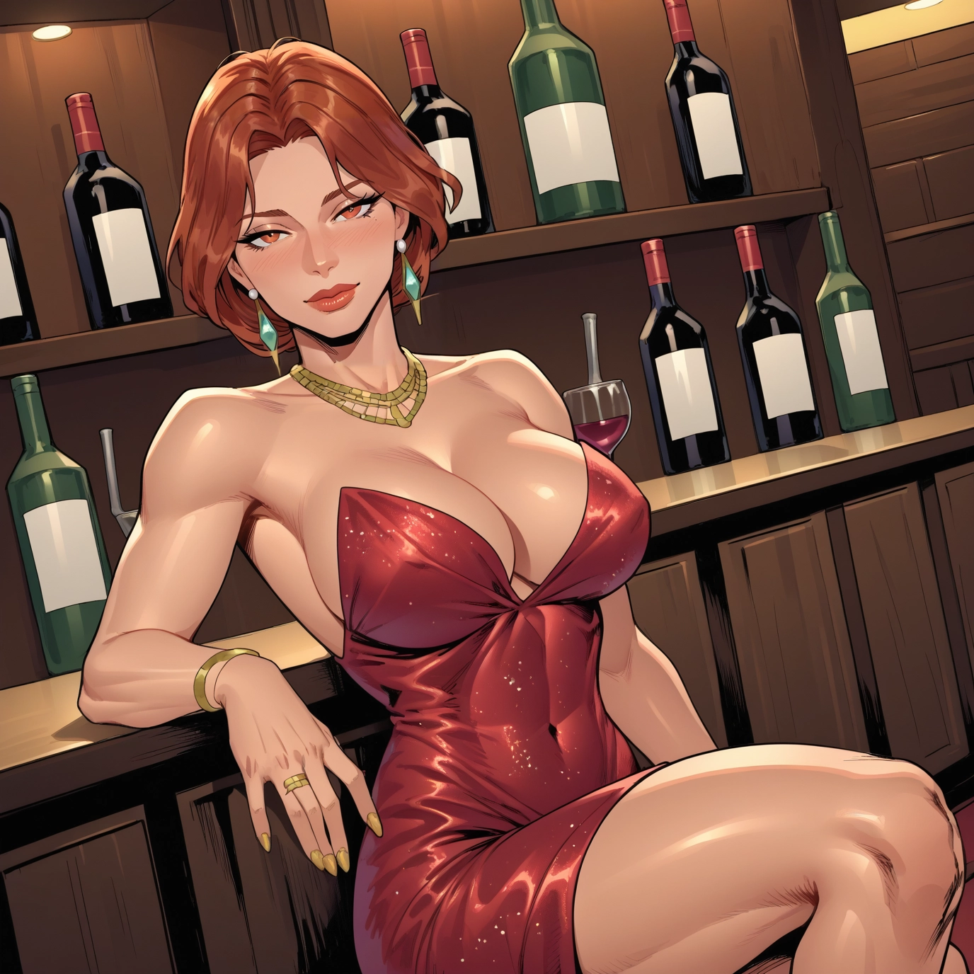 1girl, jewelry, dress, breasts, earrings, necklace · Yamete.gg