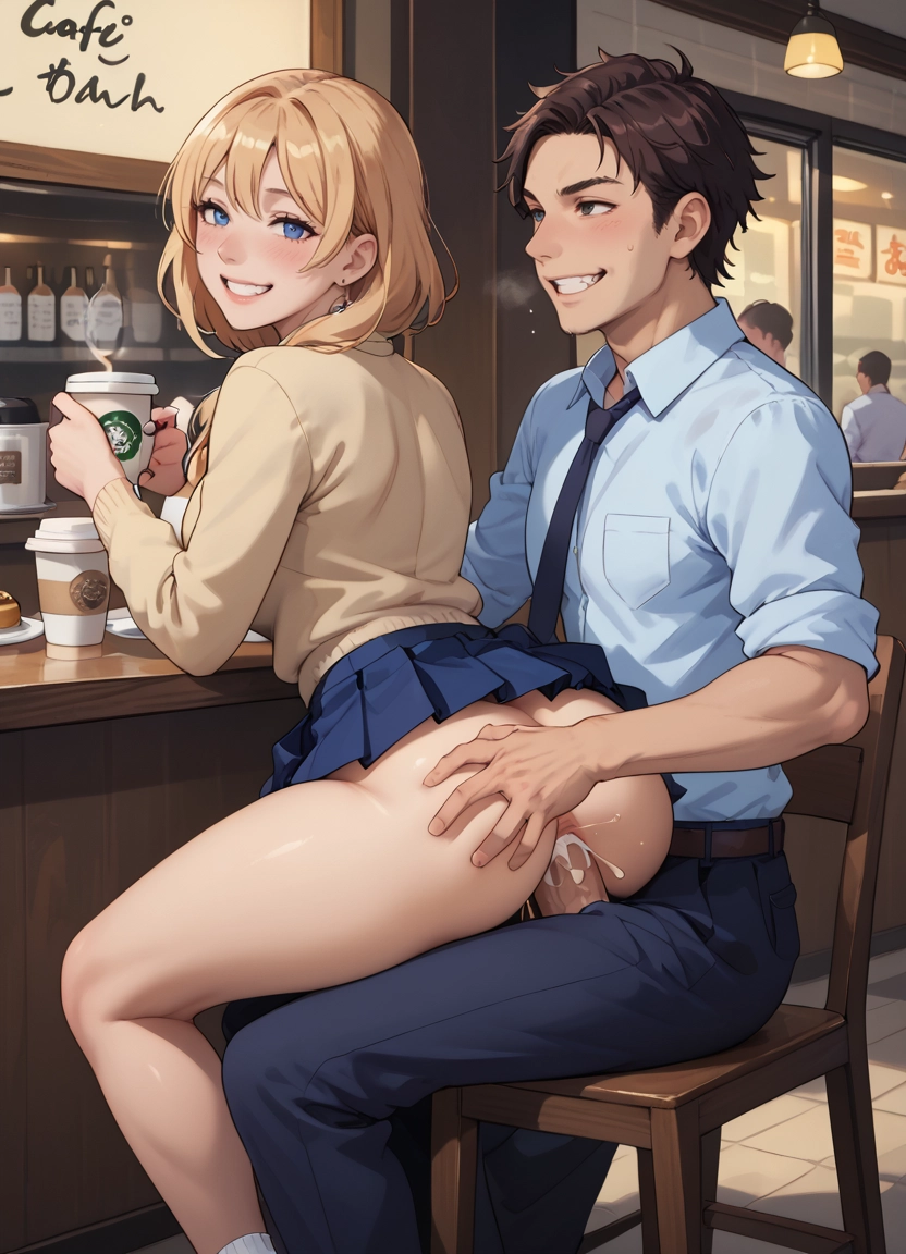 skirt, smile, sitting, blonde hair, ass, hetero · Yamete.gg