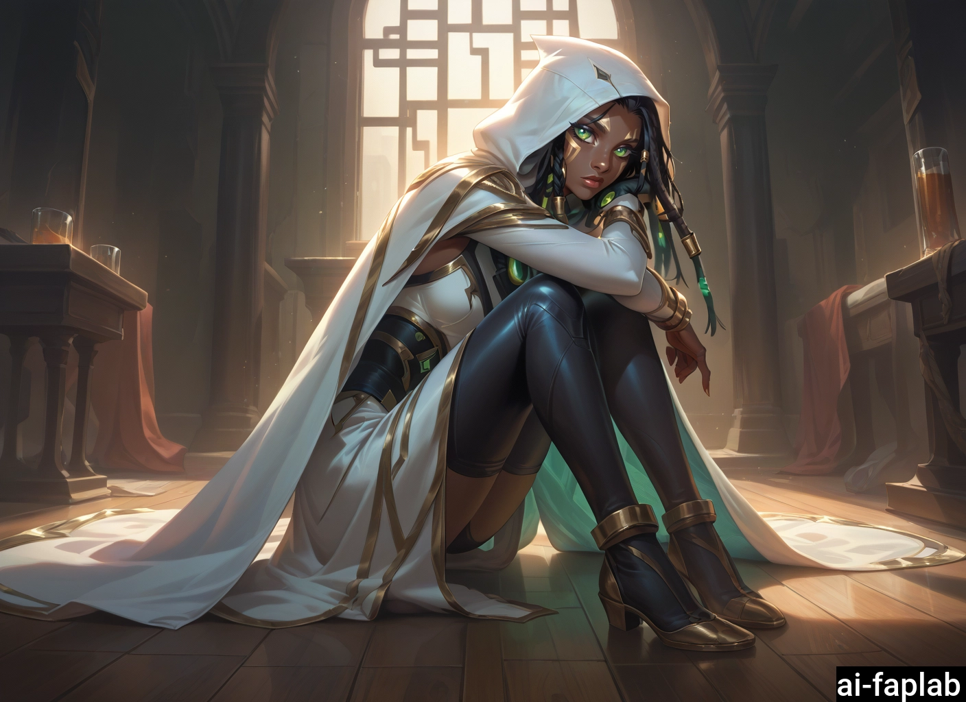 1girl, dark-skinned female, dark skin, solo, thighhighs, sitting · Yamete.gg