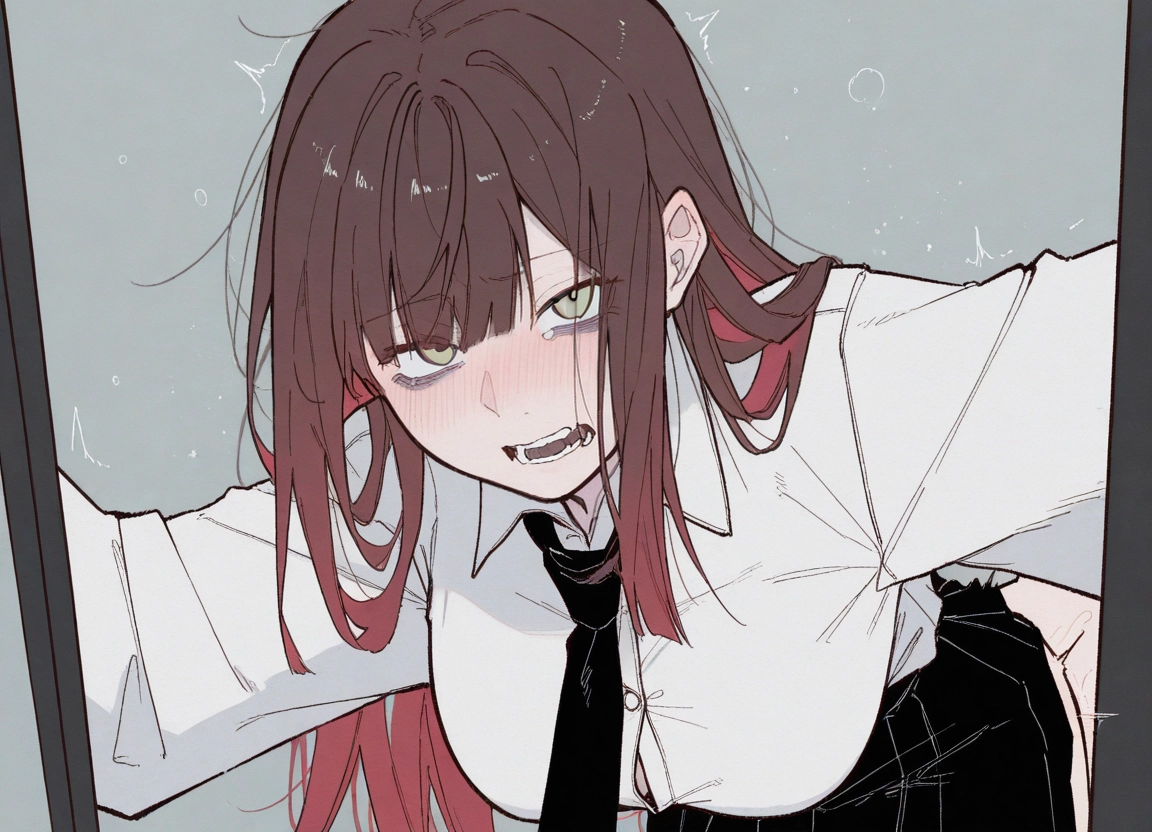 1girl, necktie, long hair, blush, implied sex, shirt