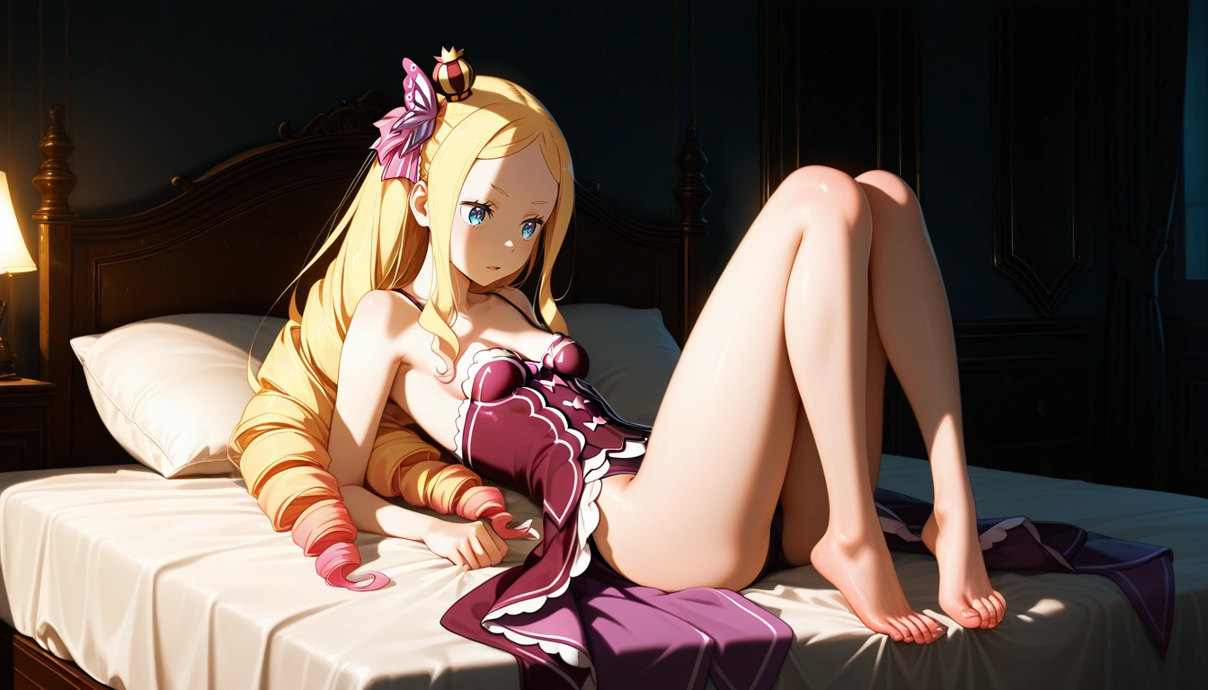 1girl, mini crown, blonde hair, blue eyes, solo, barefoot · Yamete.gg