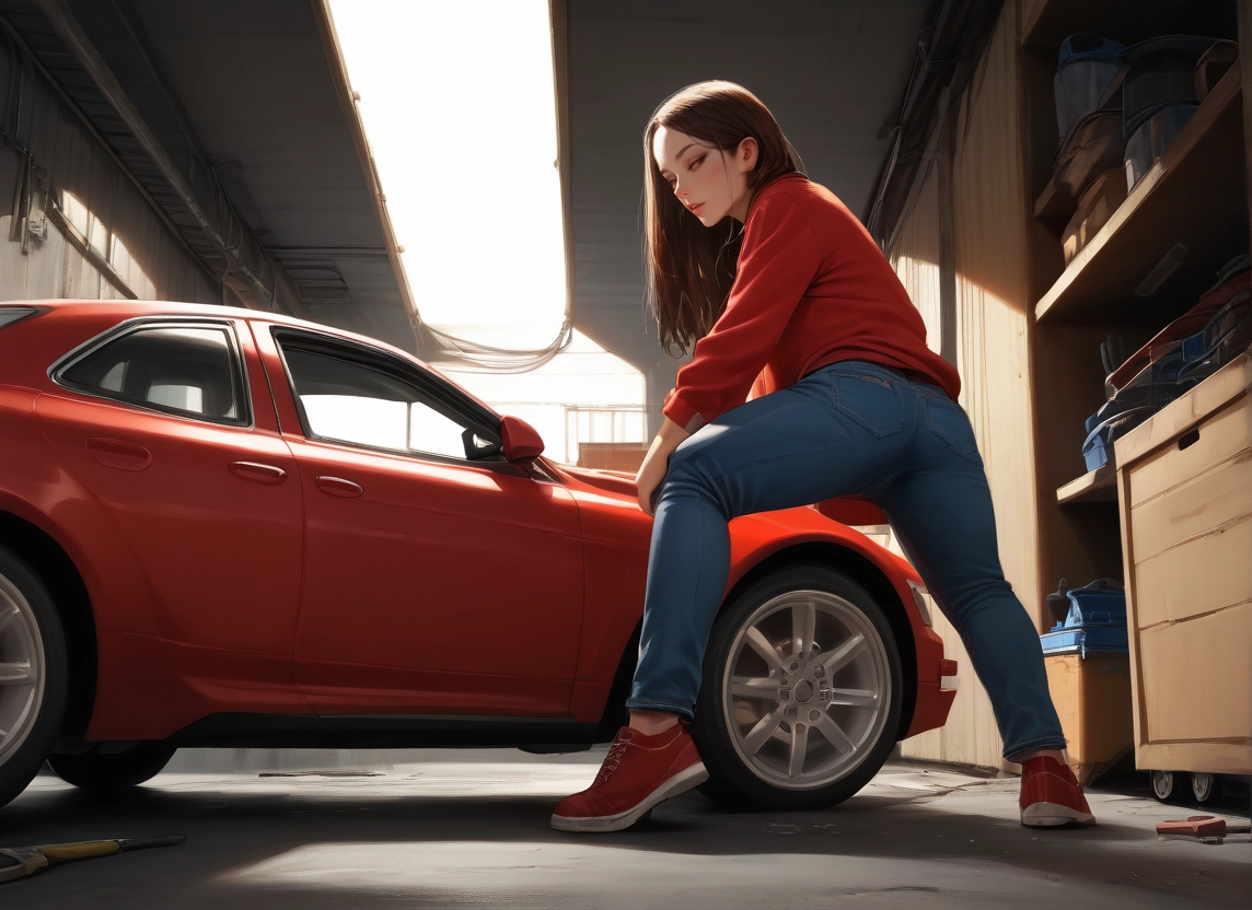 1girl, ground vehicle, motor vehicle, car, pants, denim · Yamete.gg