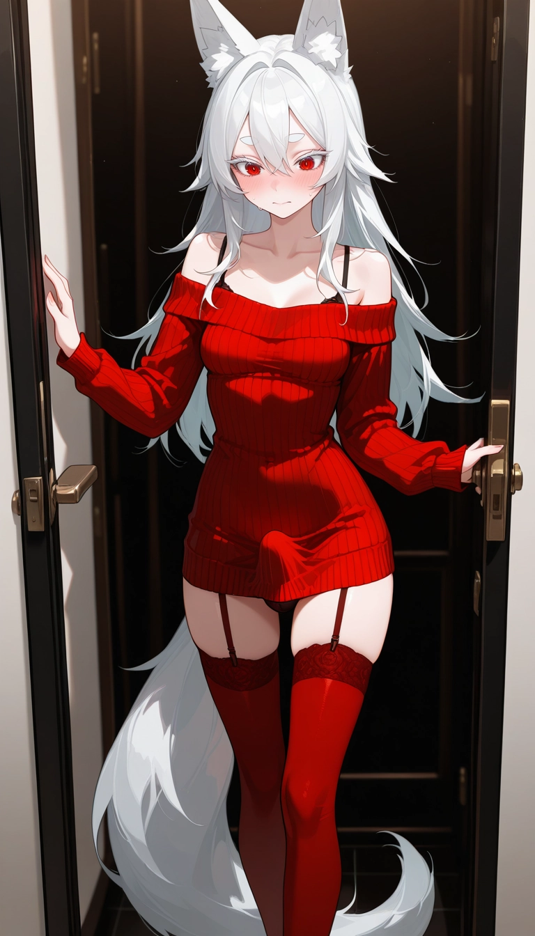 futanari, 1girl, solo, thighhighs, red eyes, animal ears