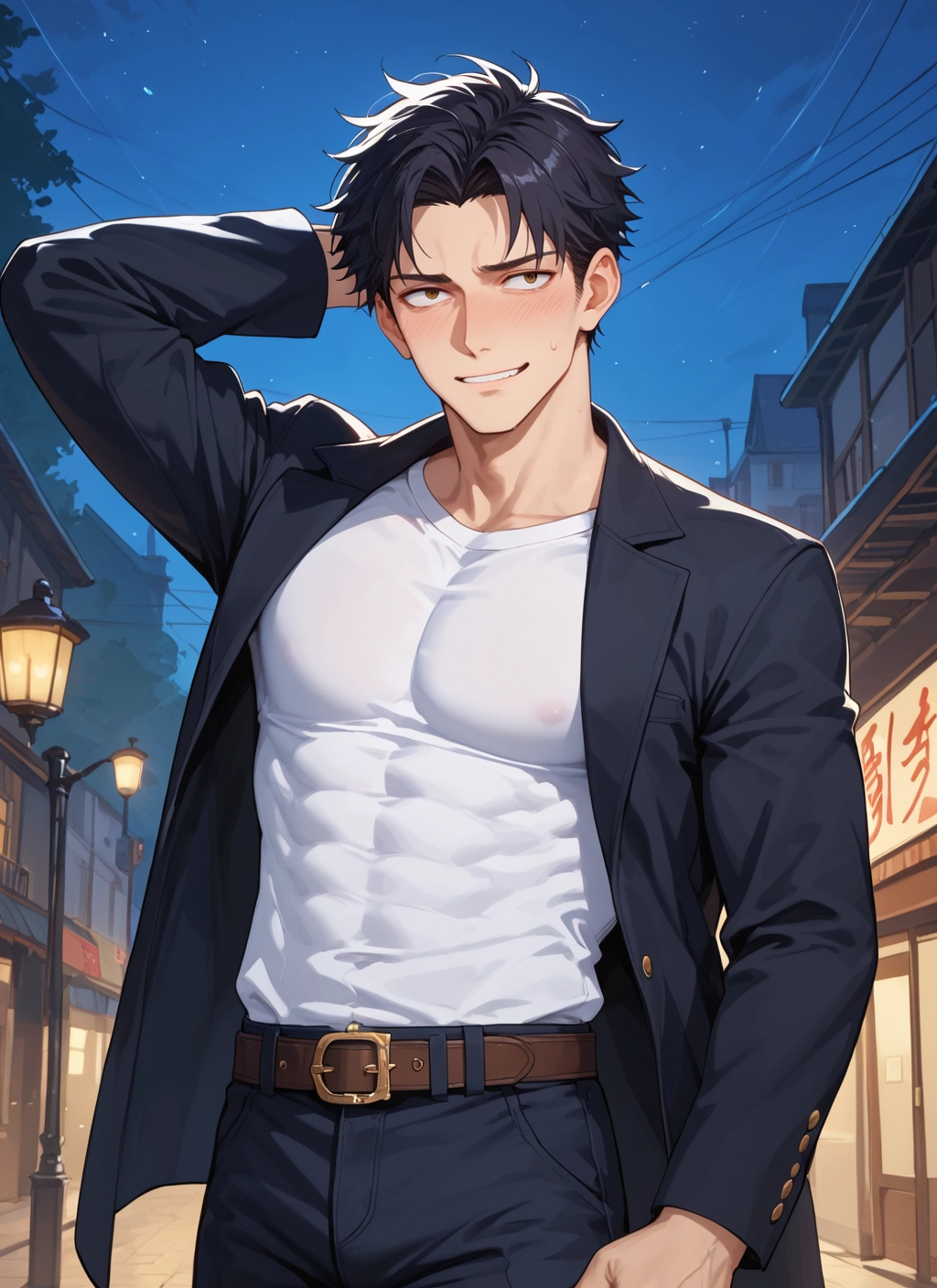male focus, 1boy, pectorals, black hair, blush, solo · Yamete.gg