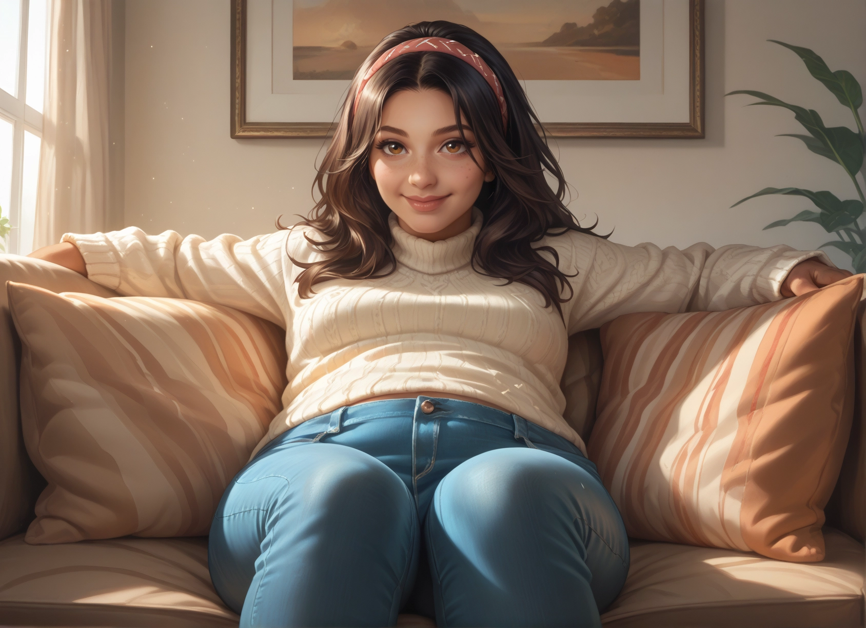 1girl, solo, pants, sweater, denim, brown eyes · Yamete.gg