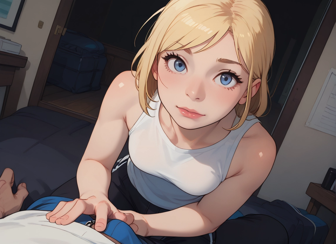 1girl, blonde hair, blue eyes, 1boy, pov, looking at viewer · Yamete.gg