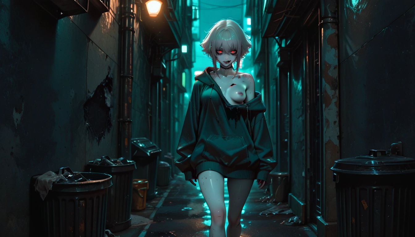 1girl, alley, nipples, solo, breasts, trash bag · Yamete.gg
