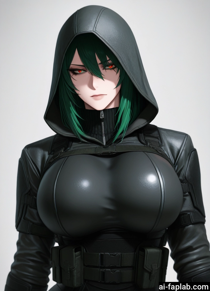 1girl, breasts, green hair, red eyes, hood, solo