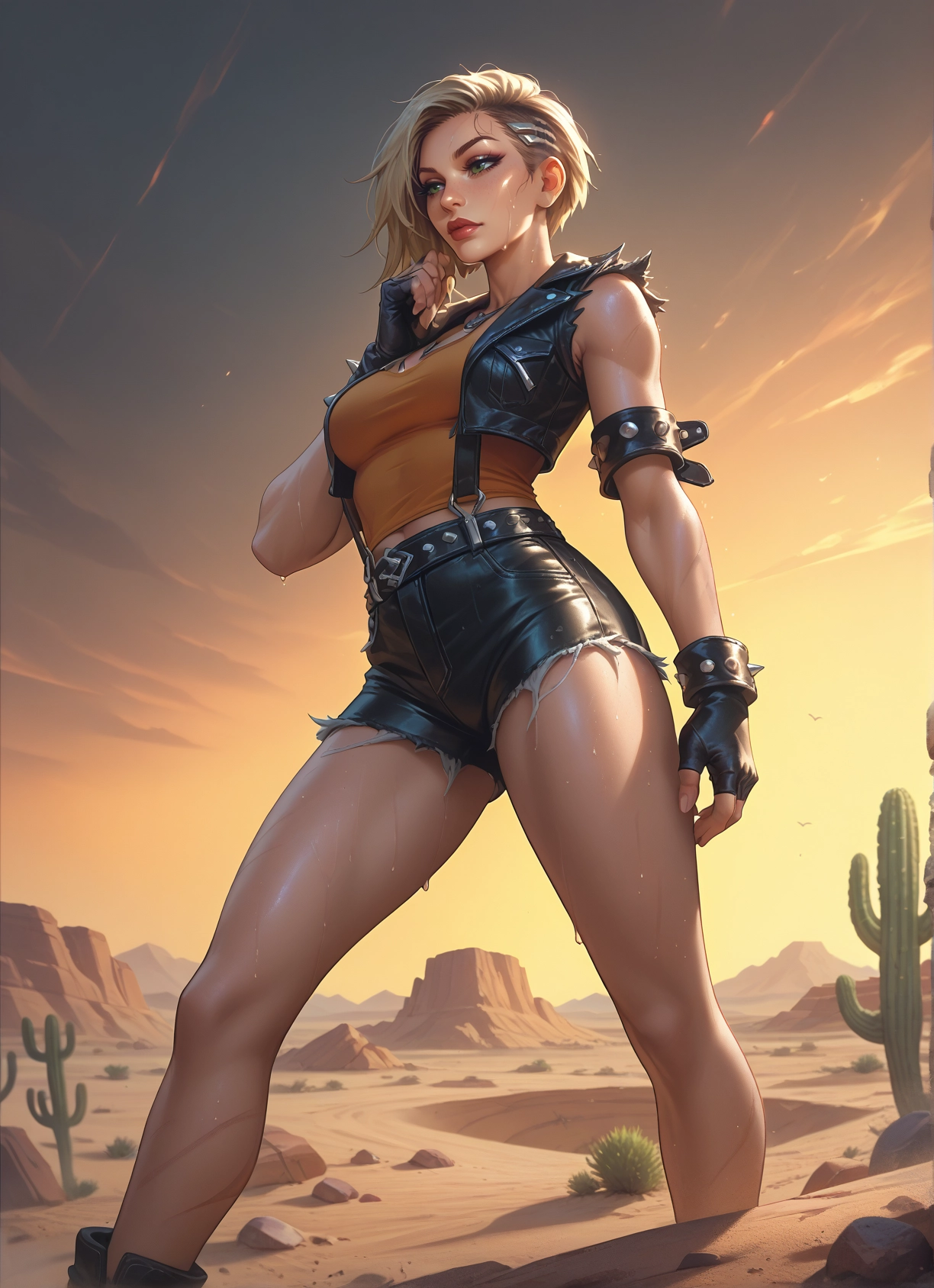1girl, gloves, shorts, fingerless gloves, blonde hair, solo · Yamete.gg