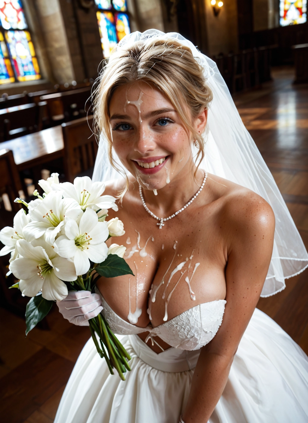 1girl, breasts, dress, flower, wedding dress, cum · Yamete.gg