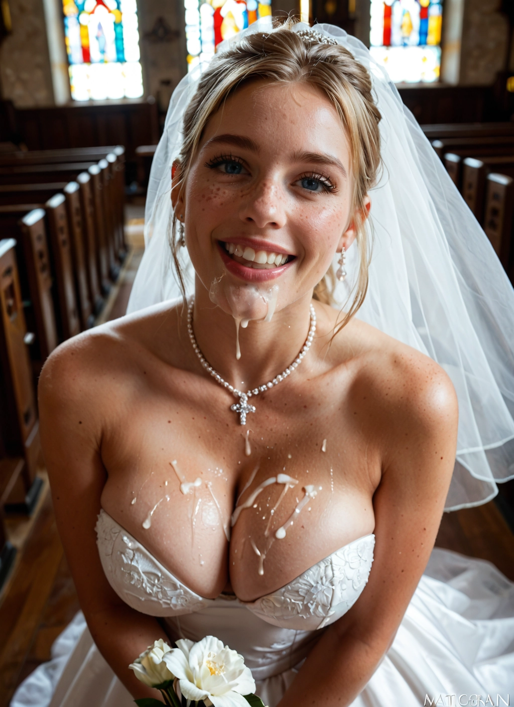 1girl, breasts, dress, cum, wedding dress, flower · Yamete.gg