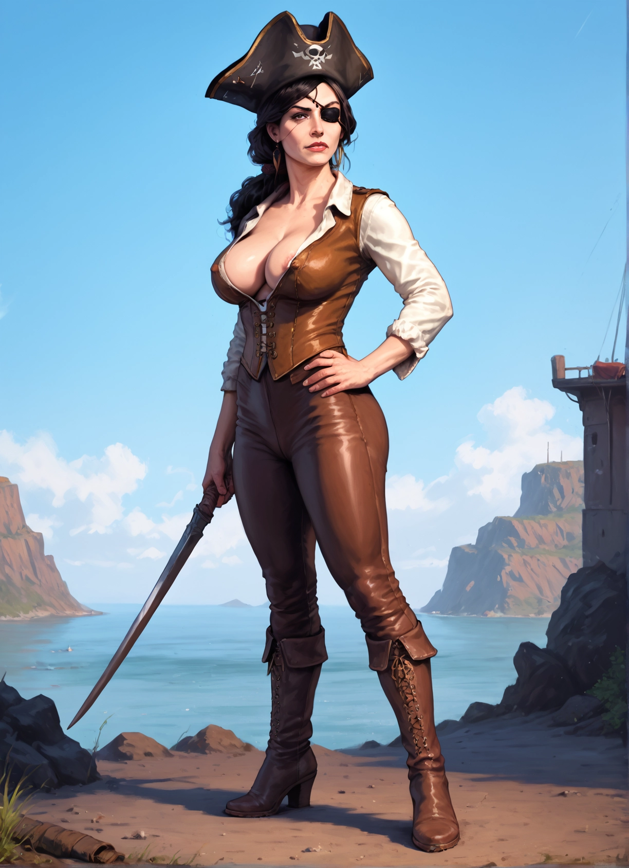 1girl, breasts, eyepatch, boots, weapon, solo · Yamete.gg