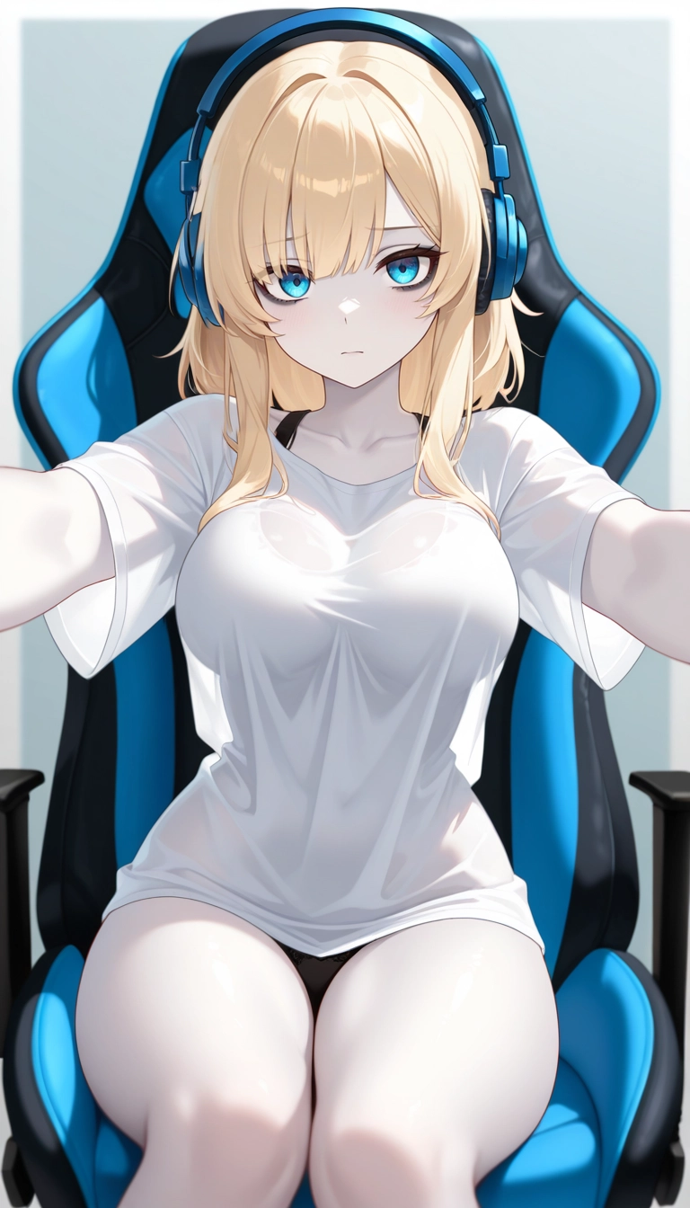 1girl, solo, breasts, shirt, blonde hair, headphones · Yamete.gg