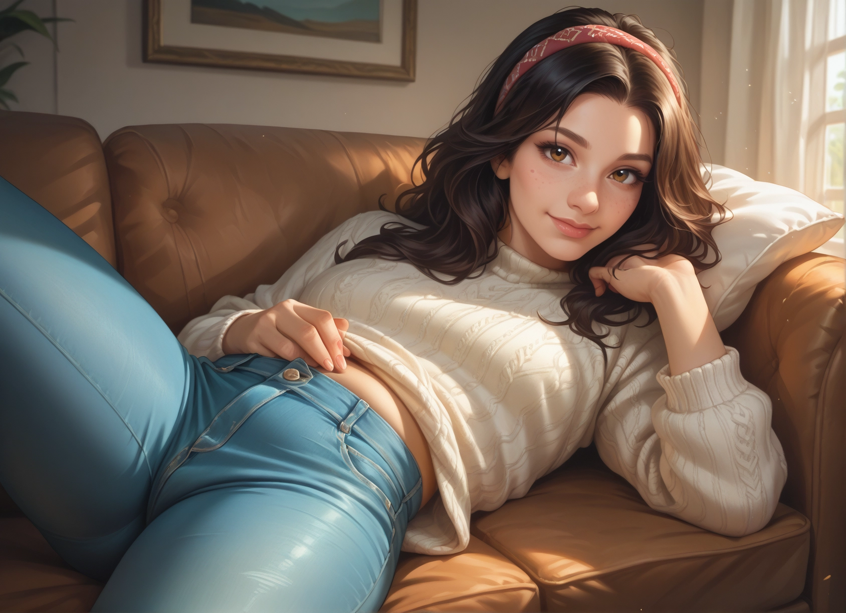 1girl, solo, pants, sweater, brown hair, brown eyes · Yamete.gg