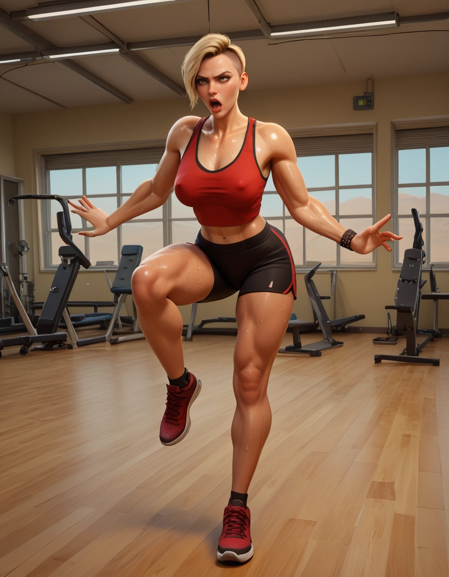 1girl, gym, blonde hair, breasts, sweat, solo · Yamete.gg