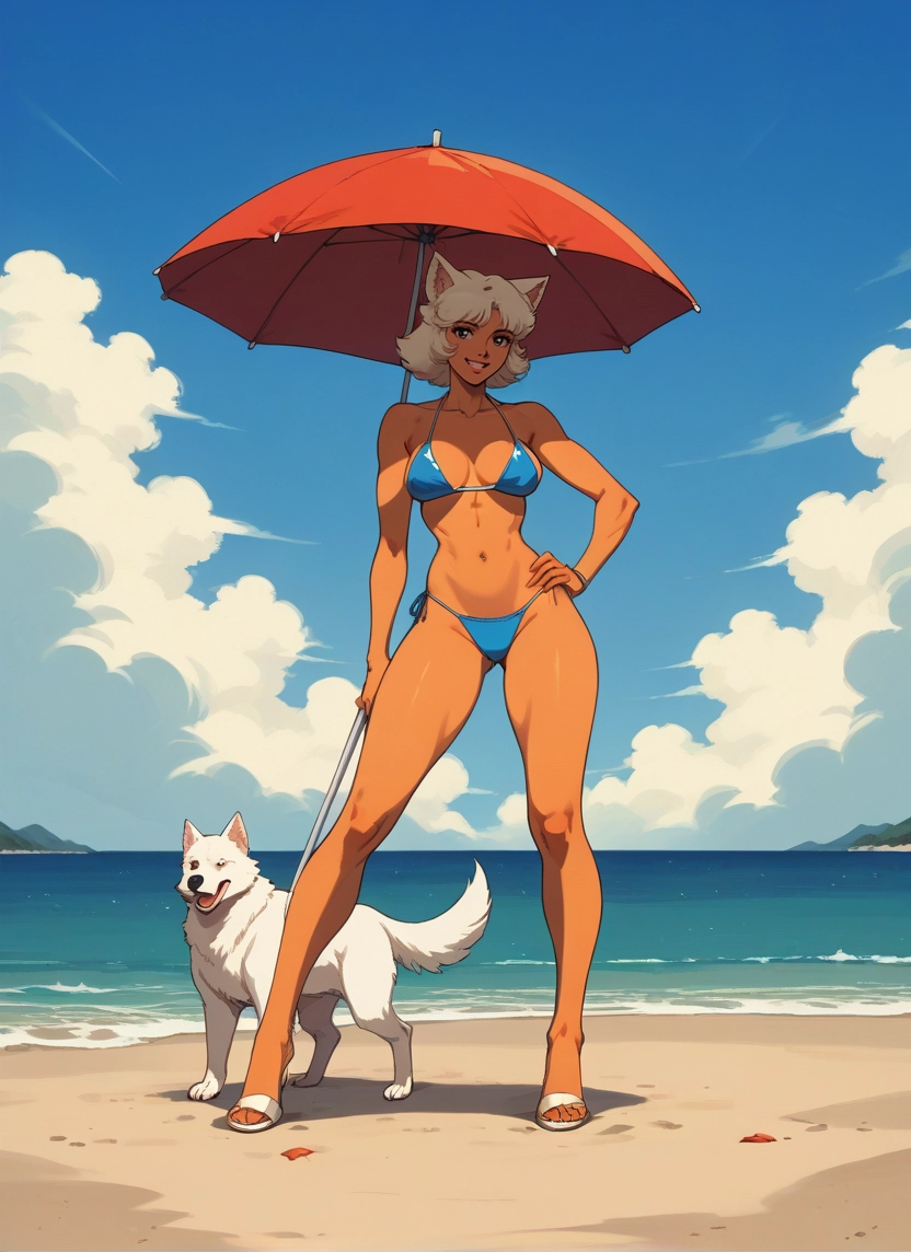 swimsuit, 1girl, bikini, umbrella, beach, dog · Yamete.gg