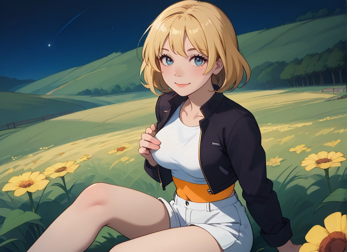 1girl, flower, solo, shorts, blue eyes, smile · Yamete.gg