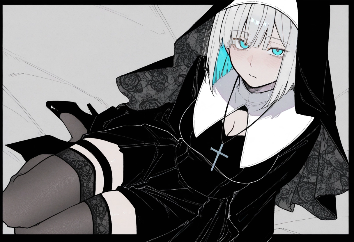 1girl, solo, thighhighs, cross, necklace, breasts · Yamete.gg