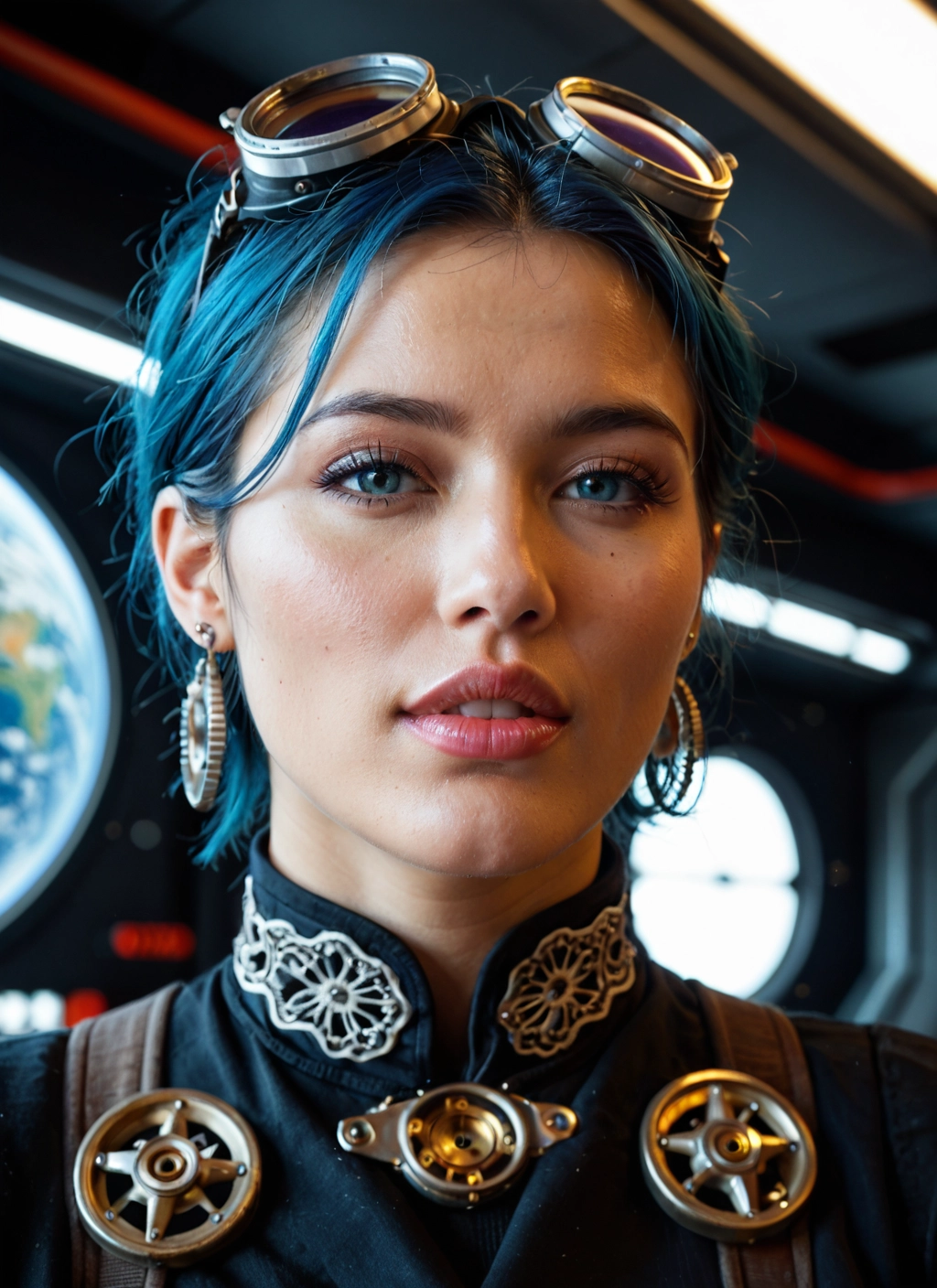 1girl, solo, jewelry, earrings, goggles, goggles on head · Yamete.gg